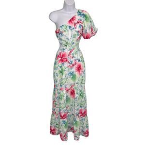 Hello Molly Where Wildflowers Bloom Red Green Floral One Shoulder Maxi Dress XS